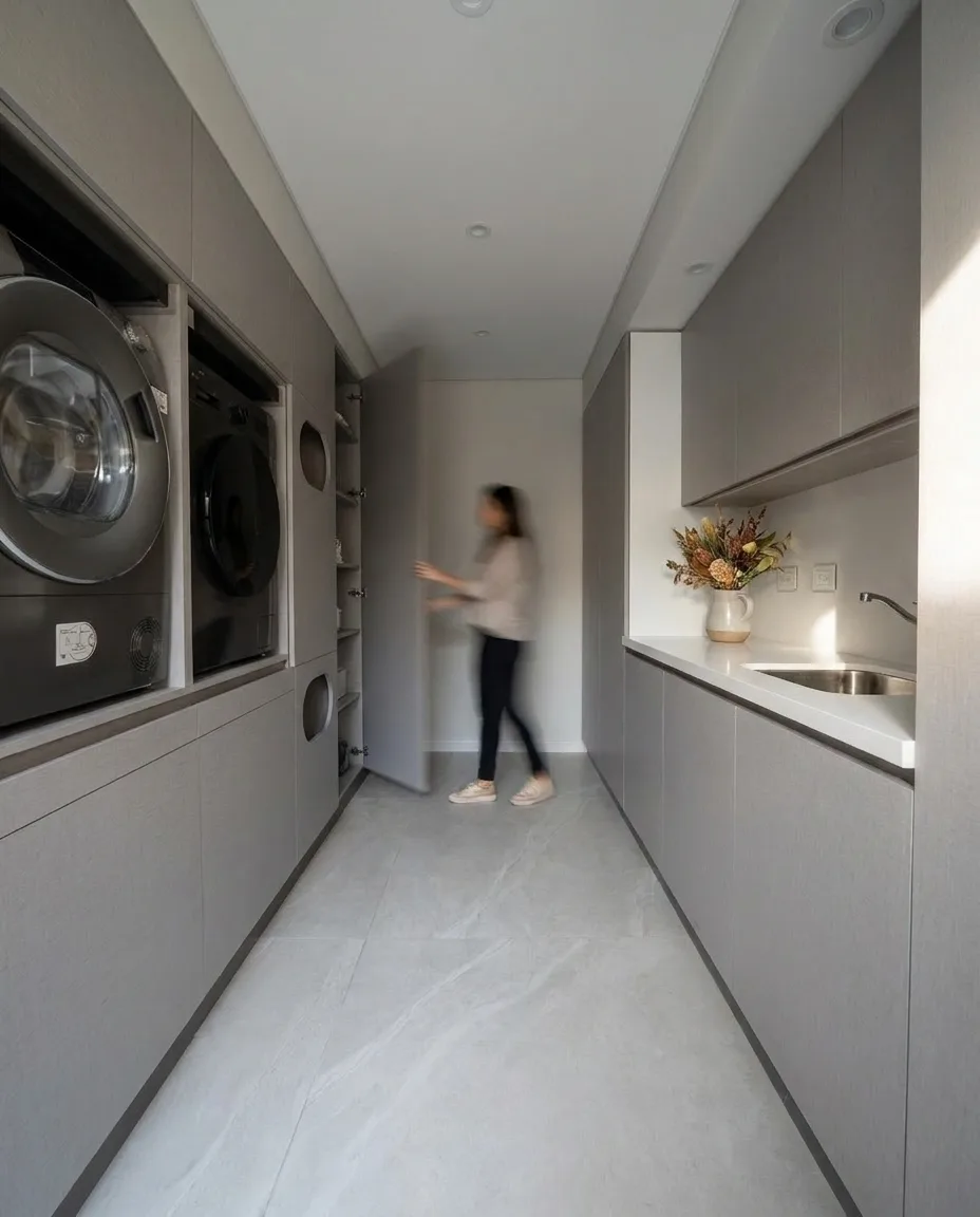 Lavadero integrado de Casa PZ con lavarropas y secarropas empotrados y mesada con pileta