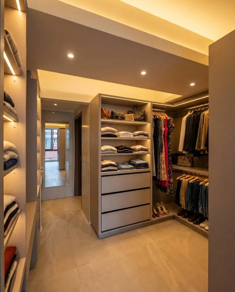 Vestidor principal de Casa PZ con estantería iluminada y barrales en dos alturas